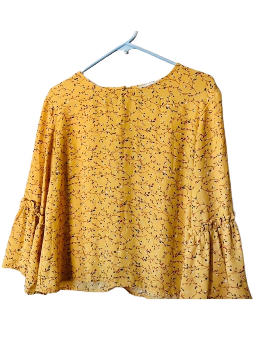 Sweet Rain Womens Top Mustard Yellow‎ Floral Print Blouse Bell 3/4 Sleeve, M